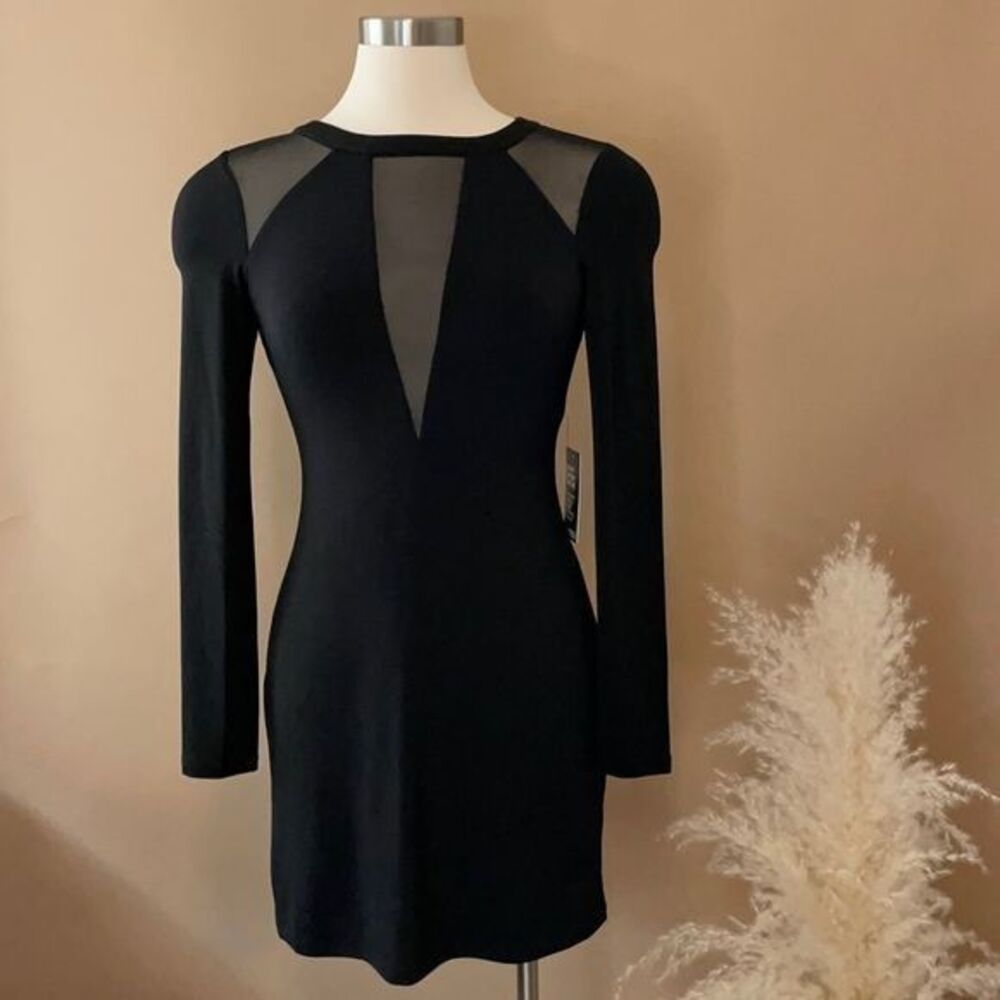 Black Mesh Long Sleeve Bodycon Mini Dress Sheer Cocktail Party Size Small